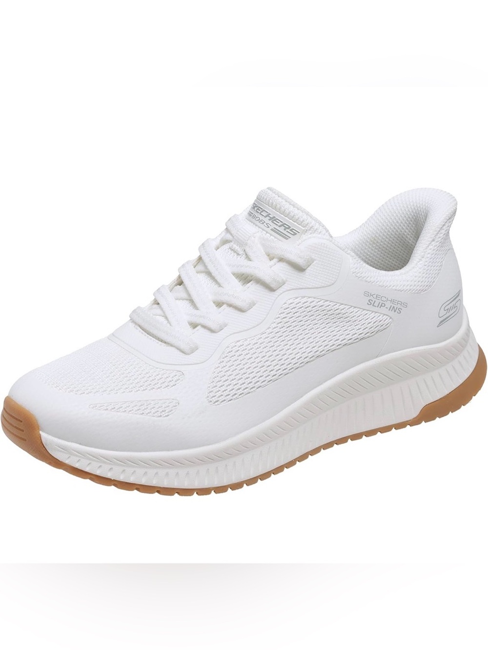 Skechers women White Mesh Athletic Sneakers with Tan Accent slip-ins
